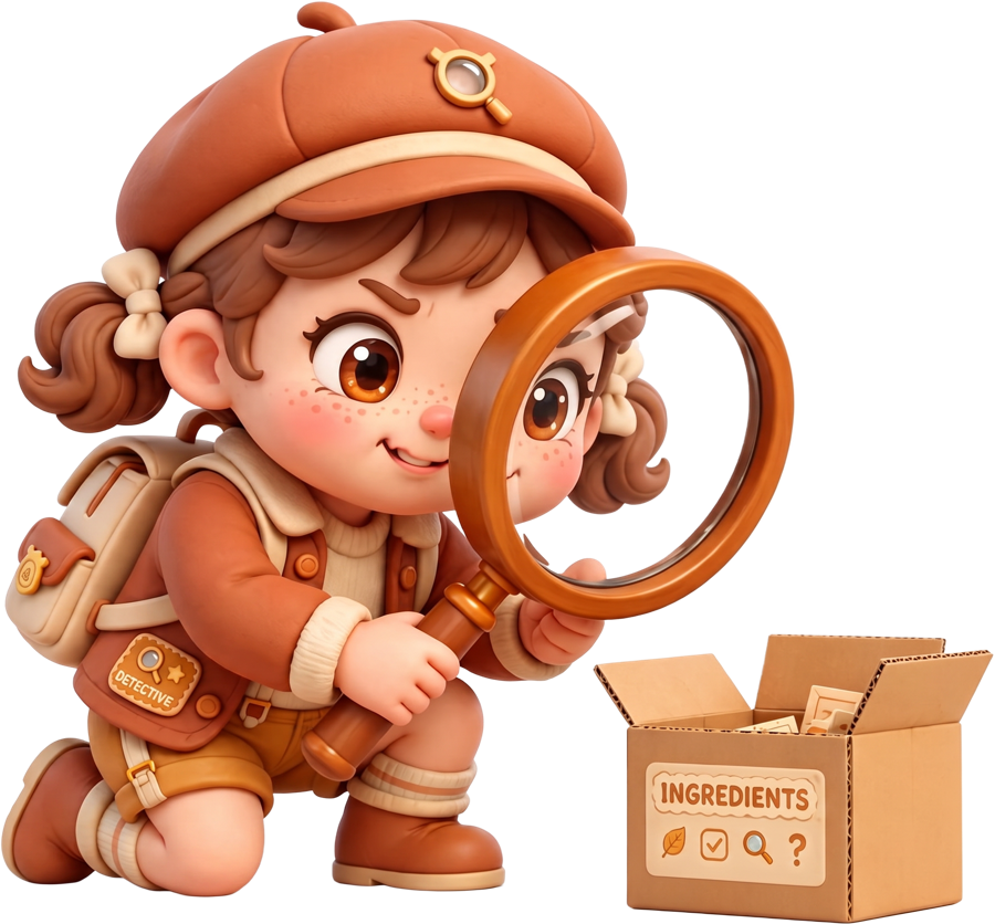 Margie, Margin Seeker's little detective, inspecting a box of ingredients with a magnifying glass